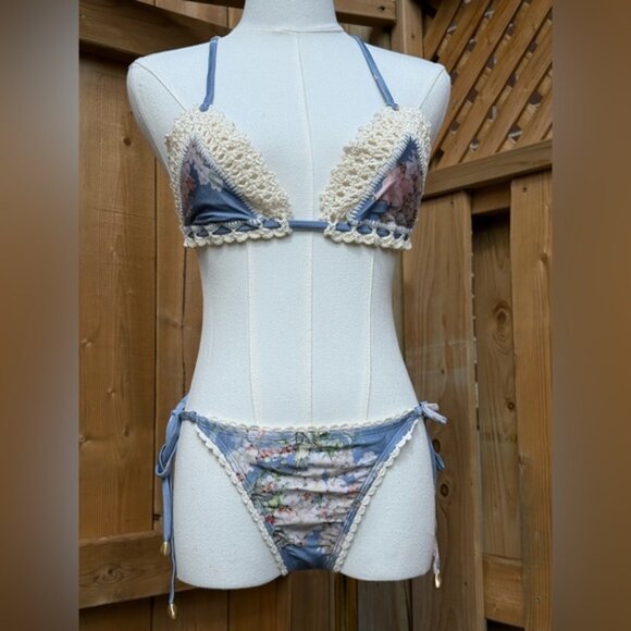 🆕 ZIMMERMANN 🧿 NWT Cascadian Crochet Tri Bikini, Blue Botanical - Sz 2 US4/6 - Picture 4 of 16
